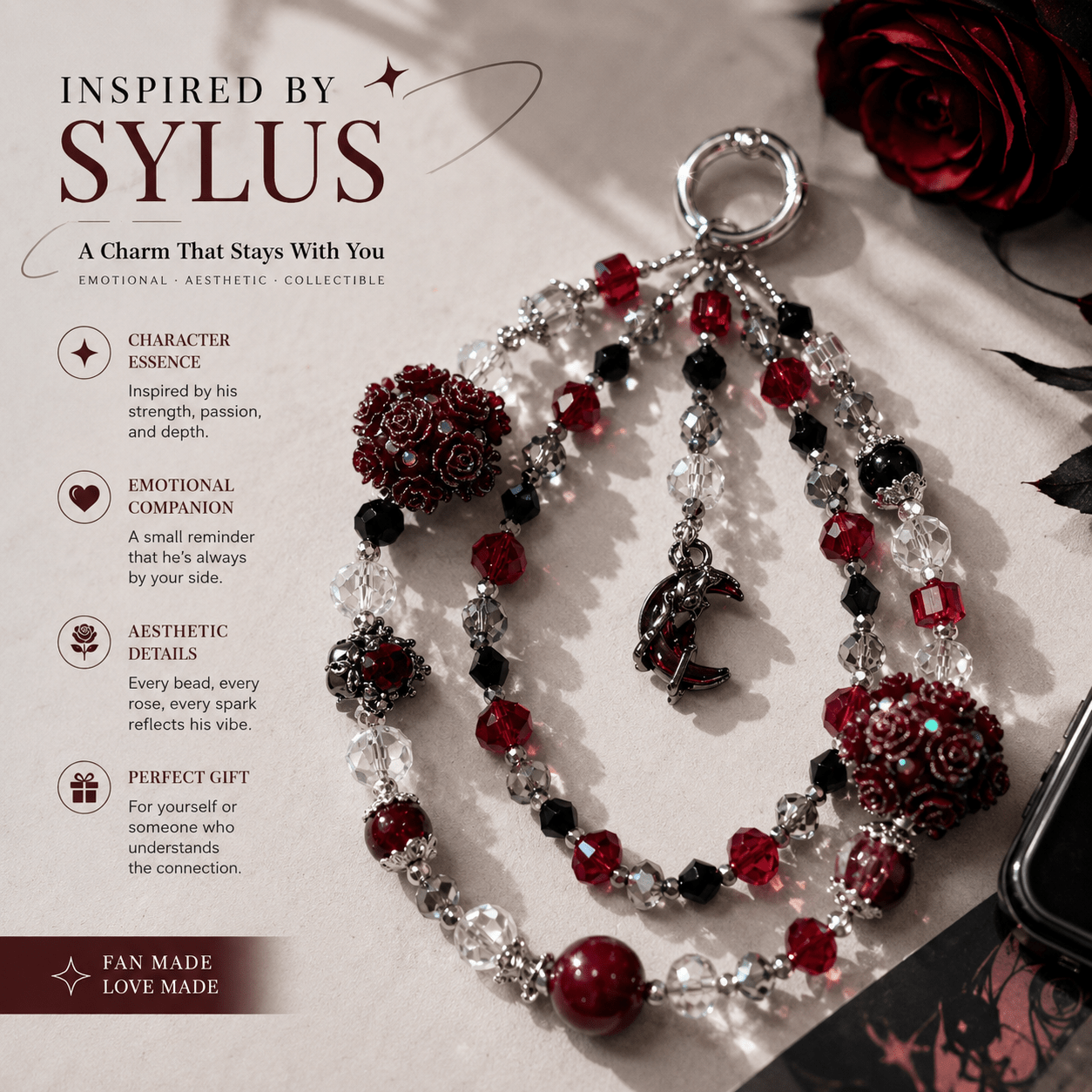Crimson Moon Beaded Phone Charm