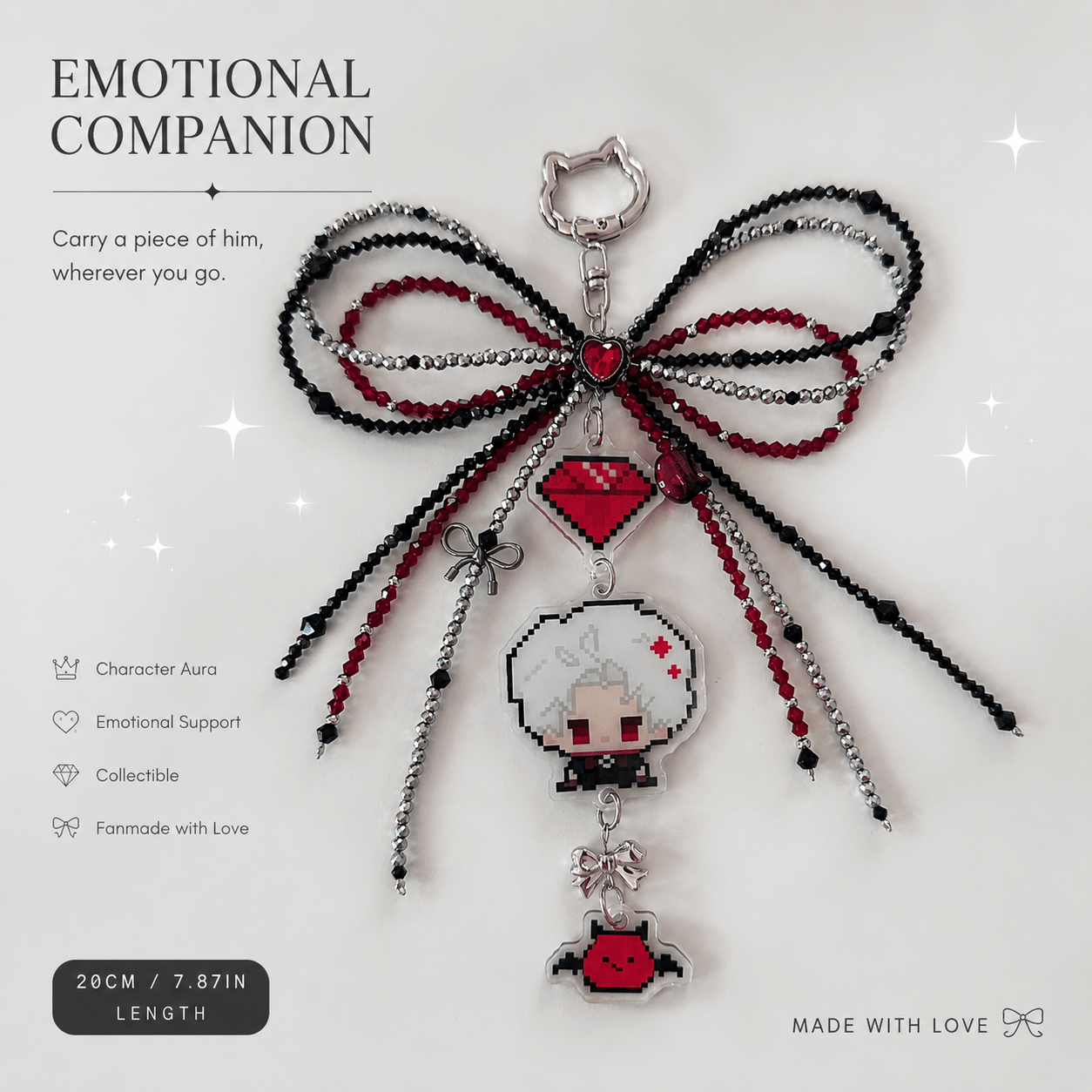 Crimson Heart Beaded Bow Keychain Charm